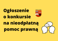 Na żółtym tle duży czarny napis: ogłoszenie o konkursie na nieodpłatną pomoc prawną, obok napisu po prawej stronie herb powiatu płońskiego, poniżej dwie głowy zwrócone twarzami do siebie, nad którymi są dymki rozmowy.