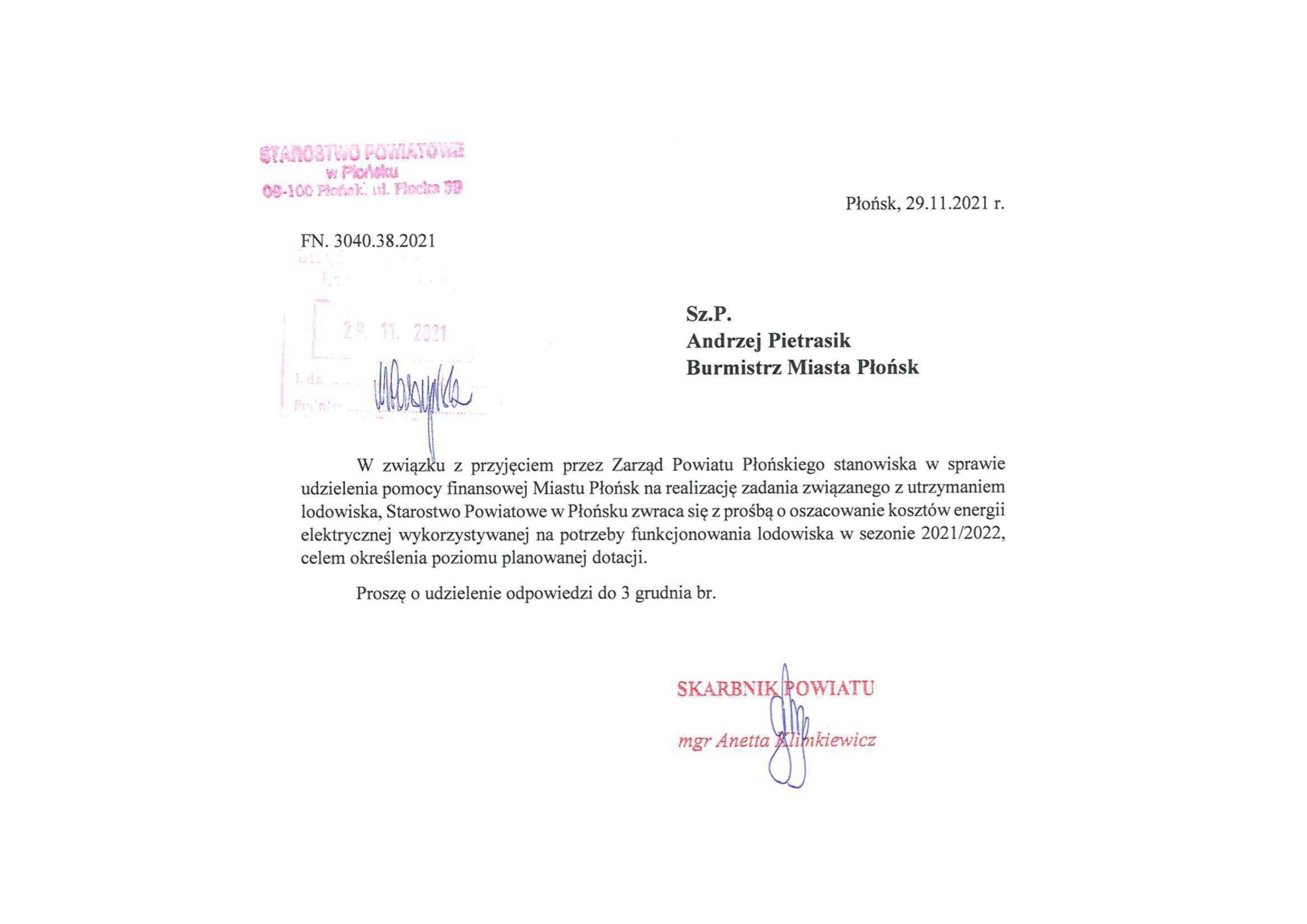 Pismo do Burmistra Miasta Płońsk w sprawie oszacowania kosztów energii elektrycznej.jpg