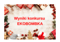 Na świątecznym tle - dookoła kolorowe prezenty, na środku napis: Wyniki konkursu EKO BOMBKA