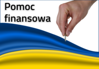 Flaga Ukrainy, dłoń z monetą w prawym górnym rogu, w lewym napis pomoc finansowa