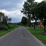Droga Szczepkowo-Unieck. Szosa, pobocze, drzewa, znak drogowy.