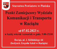 Grafika przedstawiające informacje o zamiejscowym punkcie Wydziału Komunikacji i Transportu w Raciążu.