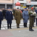 Przedstawiciele służb mundurowych z terenu powiatu płońskiego składający kwiaty pod pomnikiem Józefa Piłsudskiego